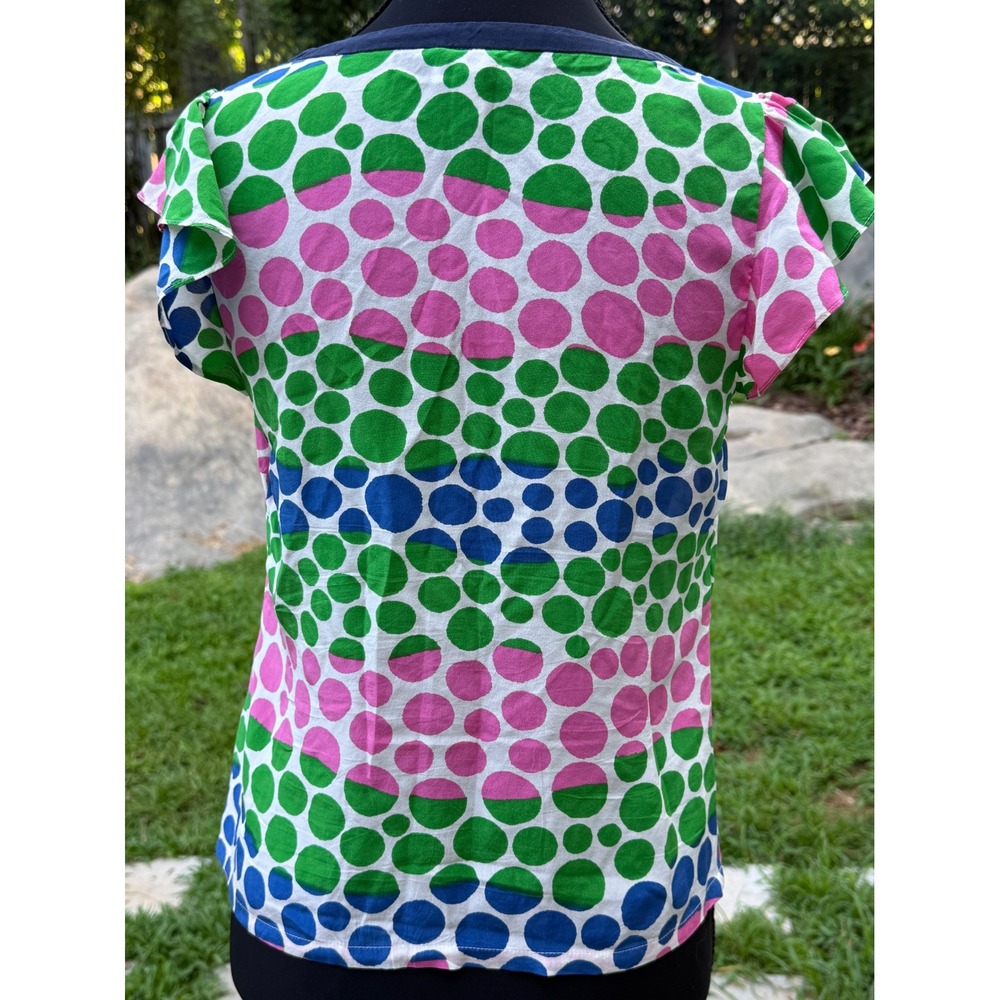 We Love Vera for Anthropologie 100% Silk Polka Dot Ruffle Blouse Green Pink 0 - Picture 3 of 5